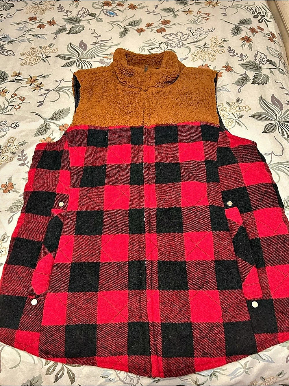 Maurice’s Buffalo Plaid Quilted Puffer Vest with Sherpa Trim